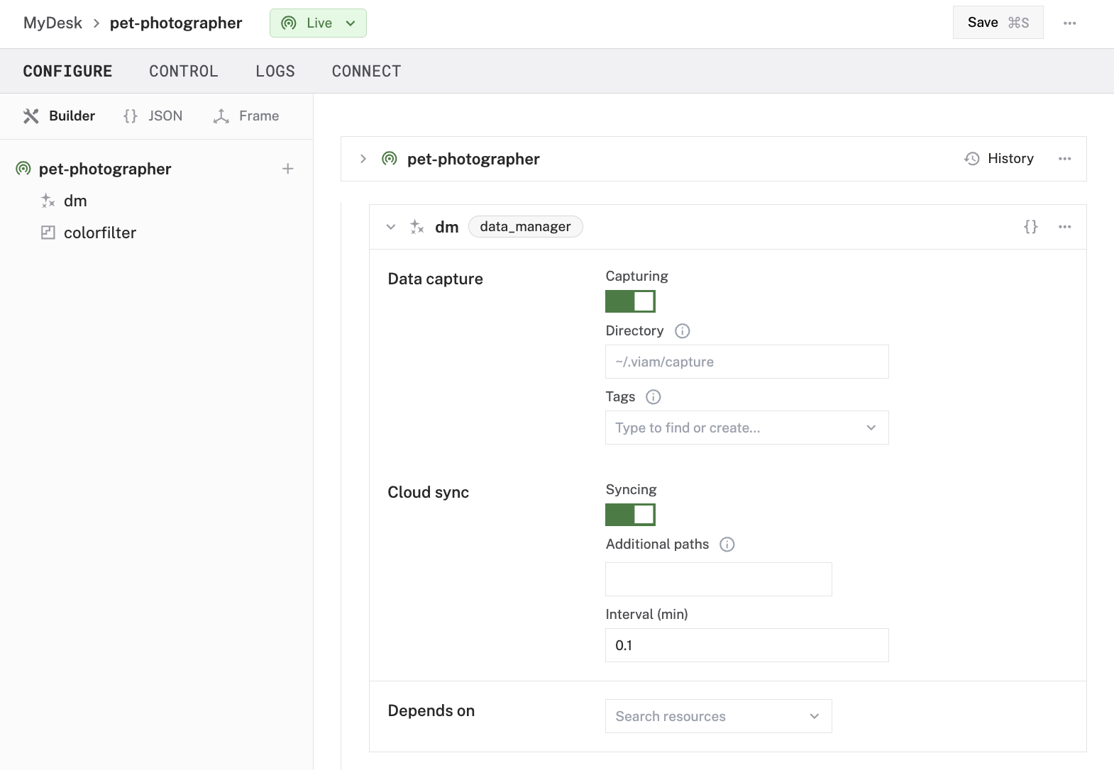 An instance of the data management service named “dm”. The cloud sync and capturing options are toggled on and the directory is empty. The interval is set to 0.1