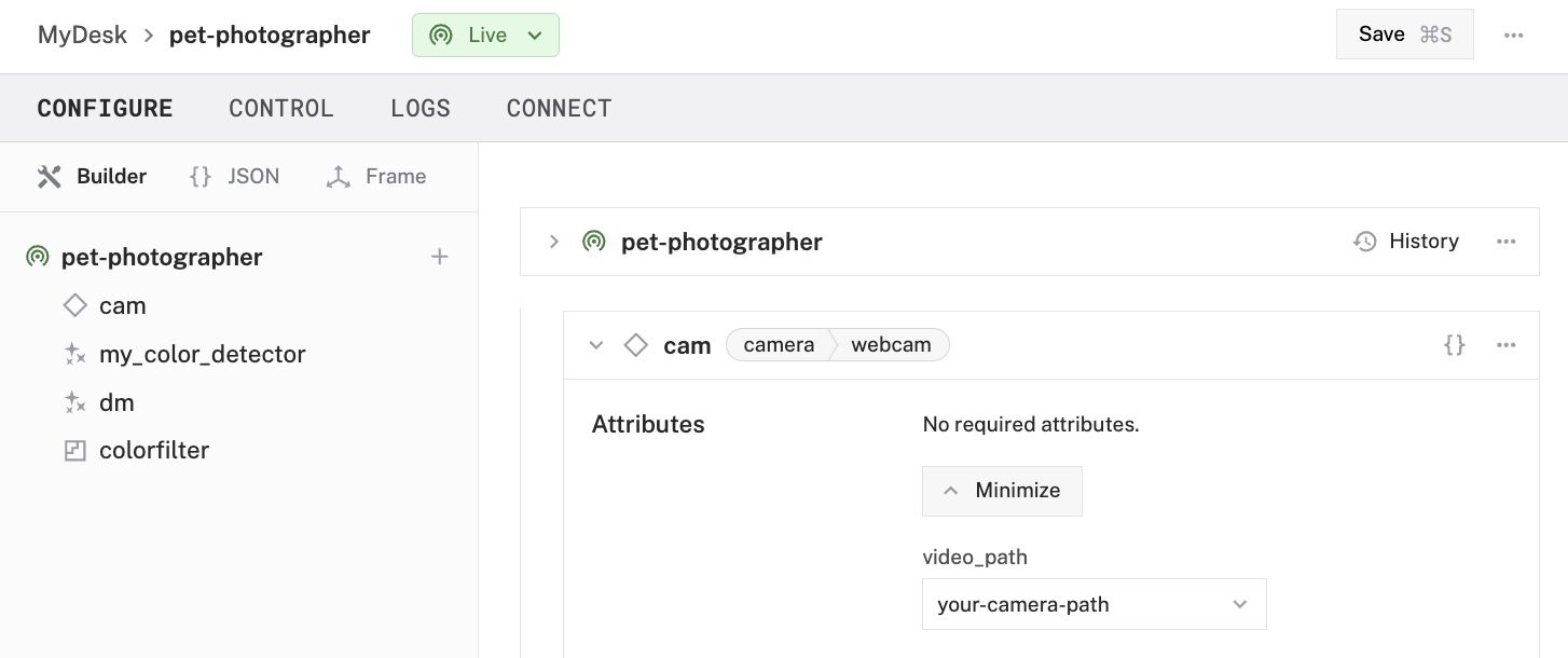 An instance of the webcam component named ‘cam’